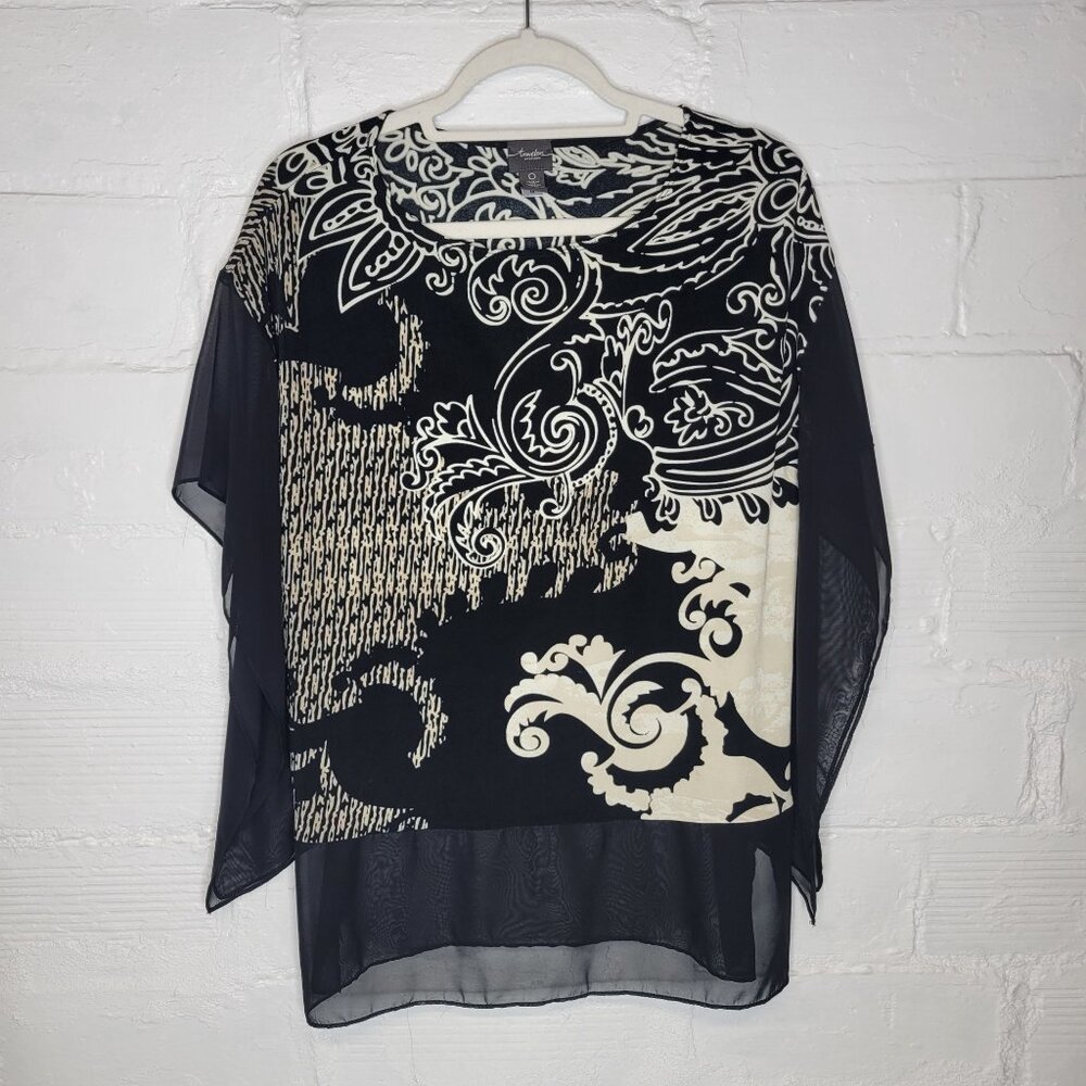 Travelers By Chico's Women's Size 0 (US Small) Kimono Shirt Top Black White